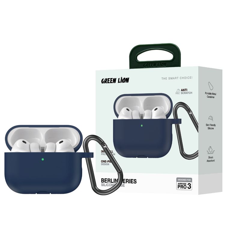 جرين ليون برلين سيريز غطاء سيليكون لأيربودز برو 3 مع كاربينر معدني محمول، حماية كاملة 360°، ملاءمة سلسة، ملمس ودي للبشرة، تصميم قطعة واحدة، مقاوم للخدوش، مقاوم للصدمات - أزرق