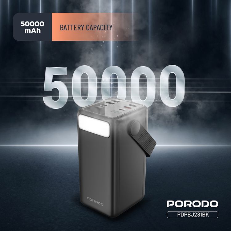 باور بانك بورودو لارا 50000 مللي أمبير/ساعة مع مصباح يدوي، مقبض محمول، PD 20 وات، شحن سريع، منفذين USB-A وUSB-C وMicro، 4 كابلات مدمجة، توافق عالمي - أسود