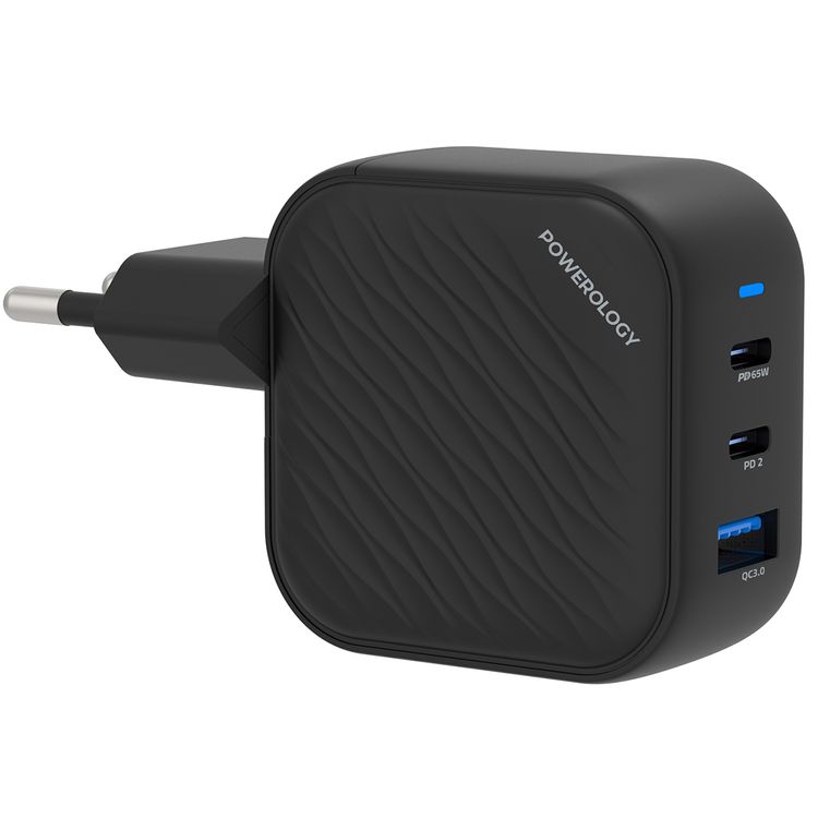 Powerology GaN Ultimate EU Dual PD Charger with 65W Power Delivery, 0%-60% Charge in 35 Minutes, 36W USB-A Output, Simultaneous Charging, Built-in Safeguards - Black