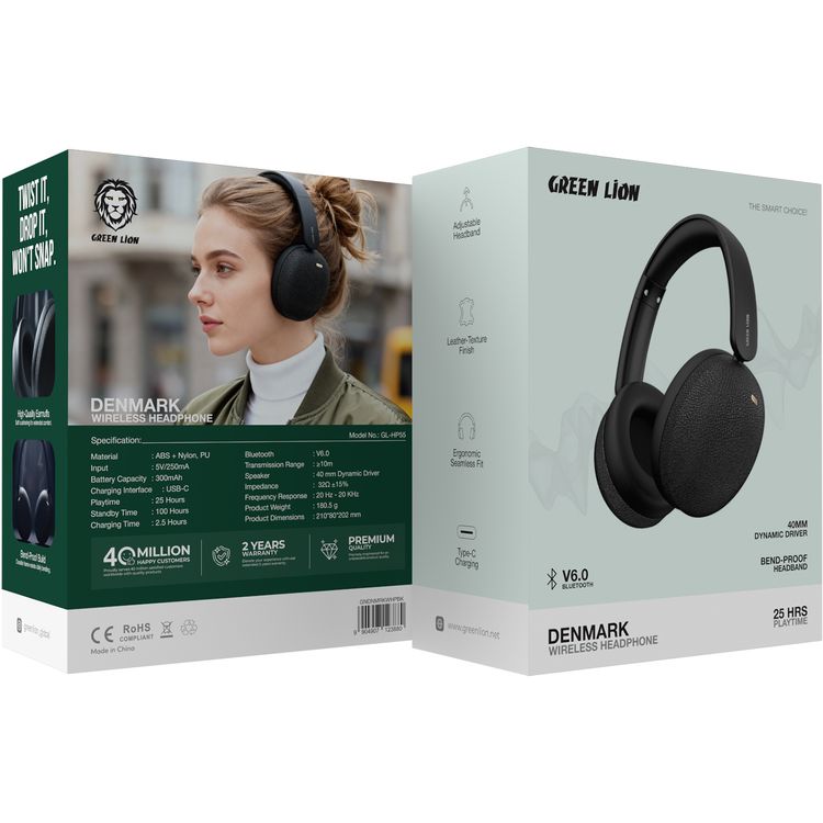 Green Lion Denmark Wireless Headphone with 25 Hours Play Time, Bluetooth Version 6.0, 40mm Dynamic Driver, Bend-Proof Build, Adjustable Headband, Leather-Texture Finish, Ergonomic Seamless Fit, Type-C Charging, High-Quality Earmuffs - Black 