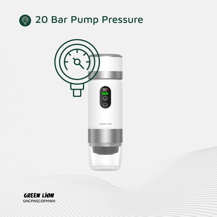 Green Lion Campinas Portable Coffee Maker with 150mL Coffee Cup Capacity, 20 Bar Pump Pressure, 70 Seconds Fast Extraction Time, Carrying Bag Included, 90°C Heating Temperature - White