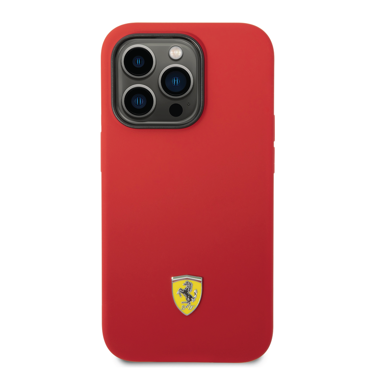 Ferrari Liquid Silicone Case with Black Camera Outline & Metal Logo iPhone 14 Pro Compatibility - Red