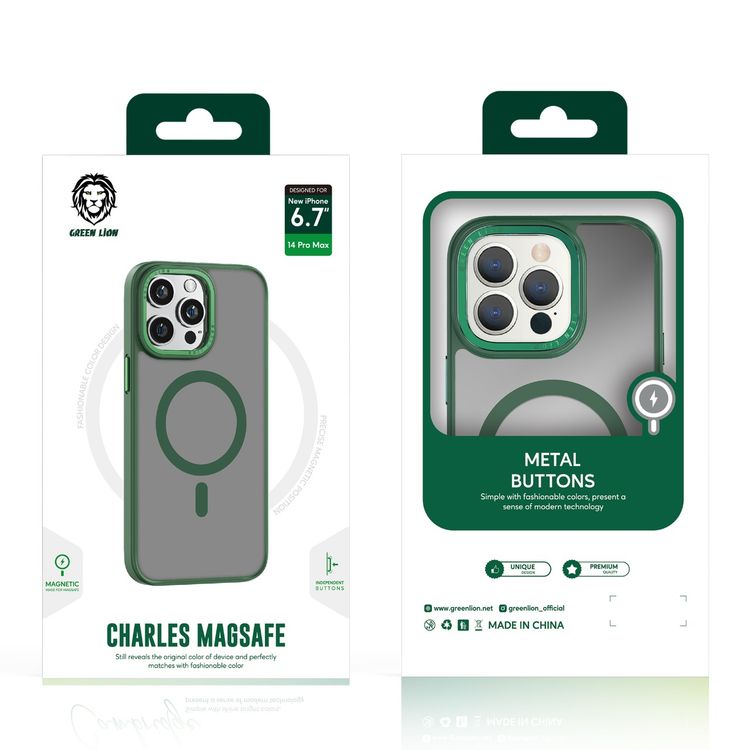 جراب Green Lion Charles Magsafe لهاتف iPhone 14 Pro (6.1 بوصة)، جراب صلب من مادة TPU ومادة السيليكون، شاحن لاسلكي Qi، حامل مغناطيسي، متين مضاد للسقوط، مضاد للخدش - أخضر