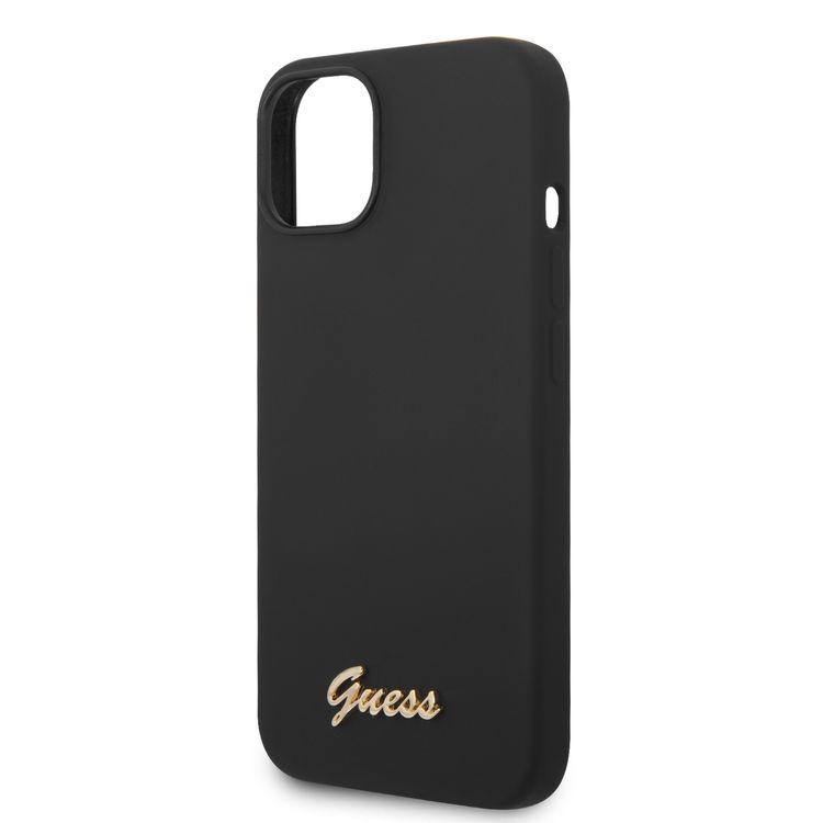Guess Liquid Silicone Case With PC Camera Outline & Script Metal Logo - iPhone 14 - Black