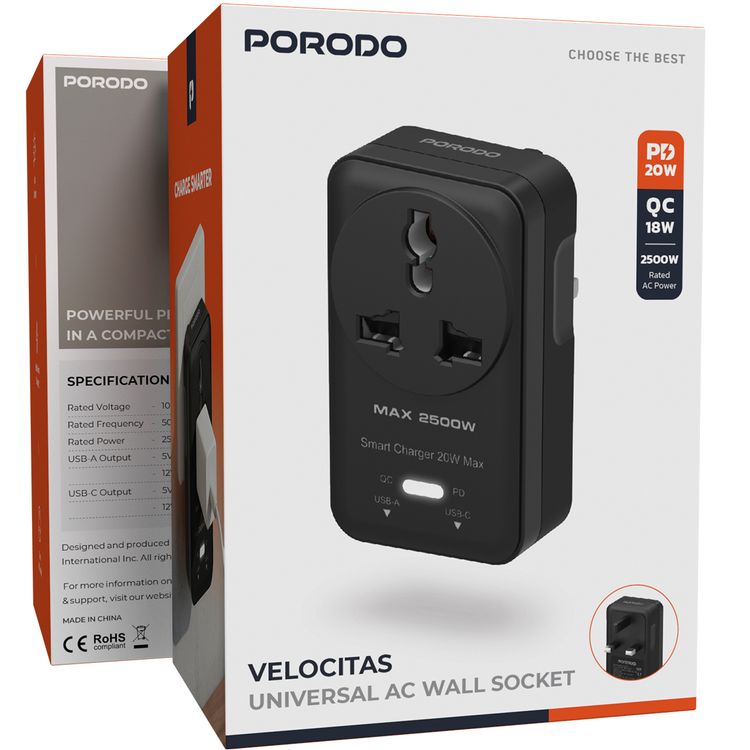 Porodo Velocitas مقبس حائط AC عالمي مع شحن سريع بقوة 20 واط، مقبس حائط AC، واجهات شحن USB-C و USB-A، قوة مقيَّمة 2500 واط، جهد مقيَّم من 100-250 فولت - أسود