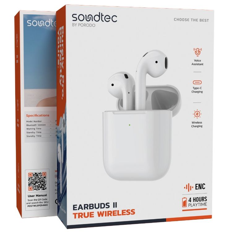 بورودو ساوندتيك ENC إيربودز II اللاسلكية الحقيقية مع 4 ساعات من زمن العمل، متوافقة مع الشحن اللاسلكي، مسافة نقل 10 أمتار، اتصال منبثق - أبيض