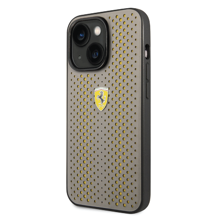 Ferrari PU Leather Perforated Case with Nylon Base & Yellow Shield Logo iPhone 14 Plus Compatibility - Yellow