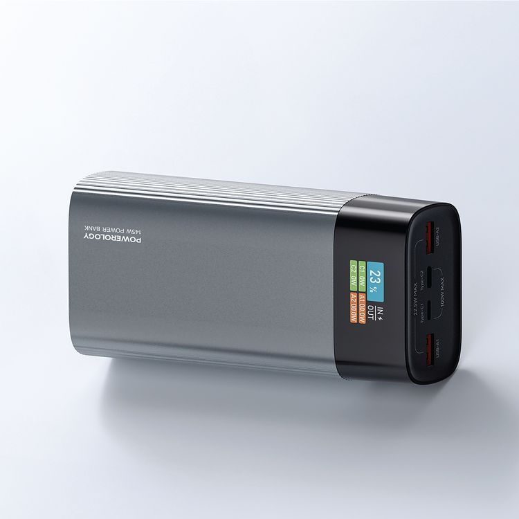 Powerology VoltEdge 40000mAh Power Bank with Smart Info Display, Multi-Device Charging, Ultra-Fast Charging, Built-in Safeguards, 2×USB-A & 2×USB-C Ports - Gray  