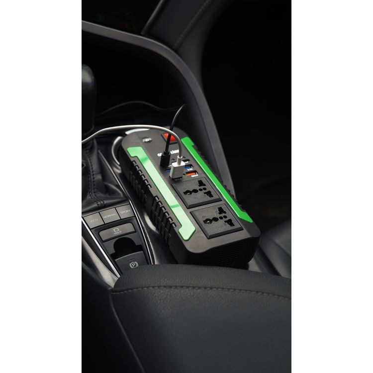 محول طاقة Green Lion Spark 300، 2 مقبس تيار متردد، 3 منافذ PD من النوع C، 4 منافذ USB-A، طاقة قصوى 300 وات، حماية من الجهد العالي - أسود