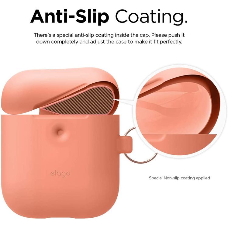 Elago Silicone Case with Anti-Lost Keychain Compatible with Apple AirPods 1/2 Wireless Charging Case, Front LED Visible, Anti-Slip Coating Inside, Premium Silicone - Peach