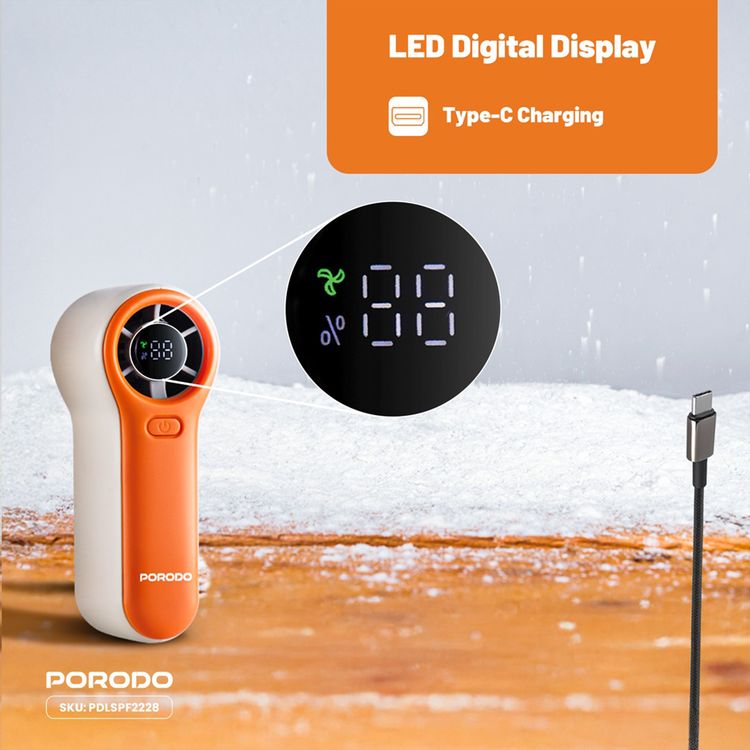 Porodo Lifestyle Pocket Size Handheld Fan with 19100RPM Motor Speed, 5 Speed Levels, 5W Rated Power, Up to 8.8m/s Air Thrust Speed, 2000mAh Battery Capacity, Up to 7 Hours Working Time, Type-C Charging Port, Strong Airflow, Lightweight & Portable - Beige / Orange