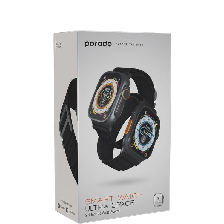Porodo Ultra Space Smartwatch with Long Battery Life, Up-to 5 Days Working Time, Activity Tracking, IP68 Water Resistant, 2.1 Inches Display, 128MB RAM - Black