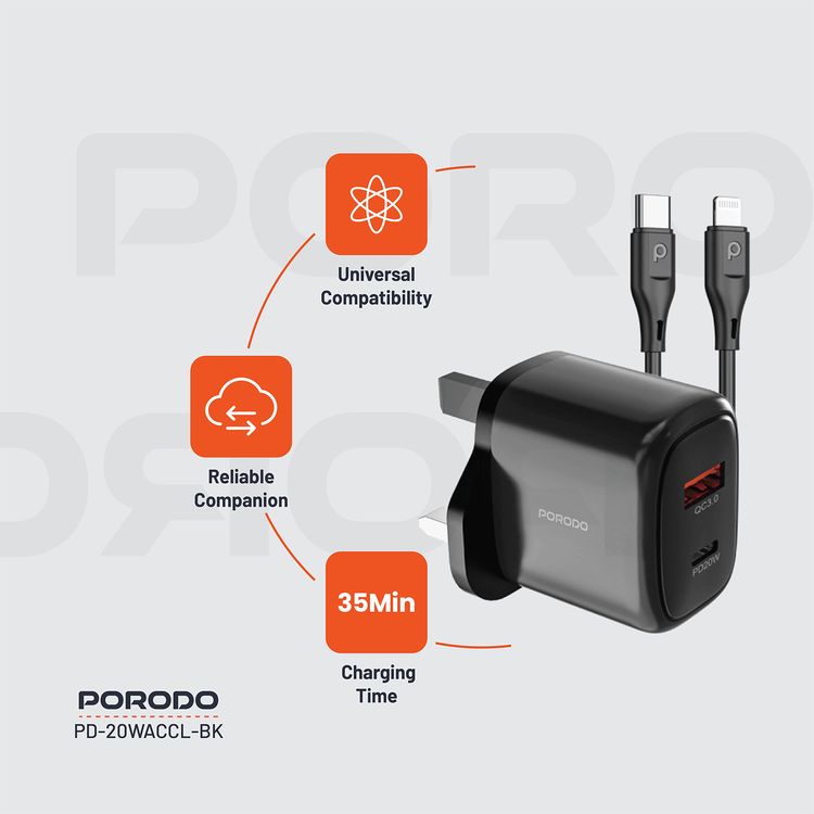 Porodo Dual Output Quick Charger with Type-C to Lightning Cable, 20W Power Delivery, QC 18W, UK 3-Pin Plug, Simultaneous Charging, Universal Compatibility - Black