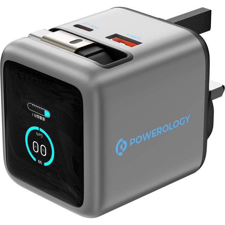 Powerology Halo Dual-Port GaN Charger with 80cm Retractable Type-C Cable, USB-A & USB-C Ports, 70W Max Output, GaN Technology, Smart Power Display, 3-Device Charging, 3-Pin UK Plug, Built-in Safeguards, Fast Charge Support - Gray