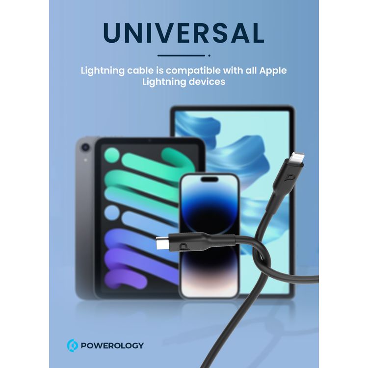 Powerology USB-C to Lightning Cable 3M, 60W, Made with durable Thermoplastic Elastomers, Withstands up to 30,000 bends - Black	