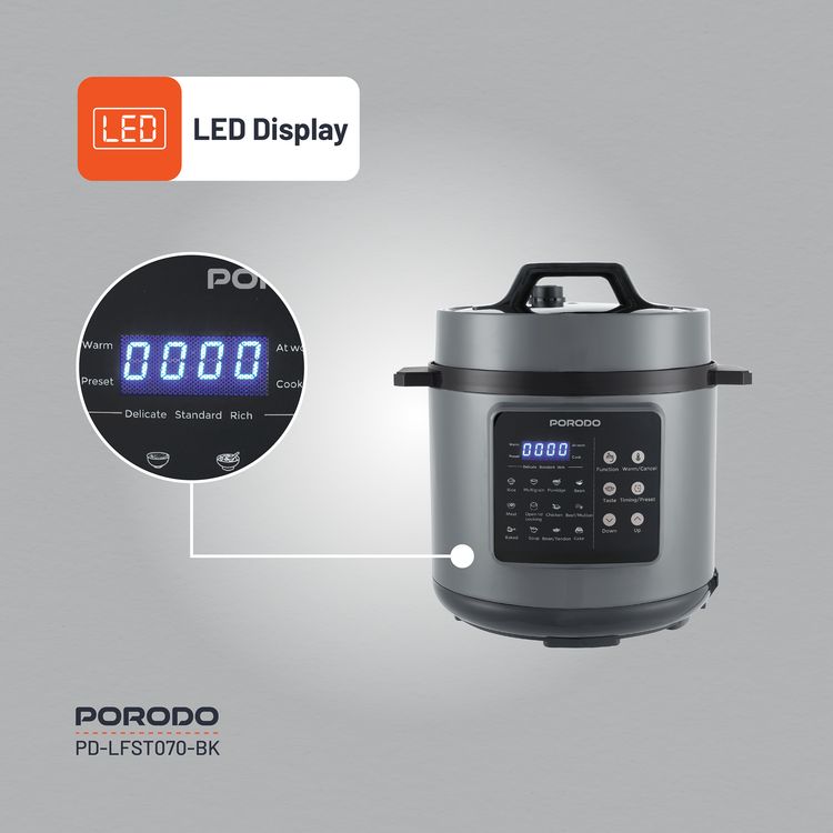 Porodo 1300W Multi-Cuisine Pressure Cooker with 6L Capacity & LED Display, One-Pot Meals, 12 Preset Functions, Pressure Release Button, One-Touch Control, Auto Pilot Cooking, Customizable Cooking Programs - Black