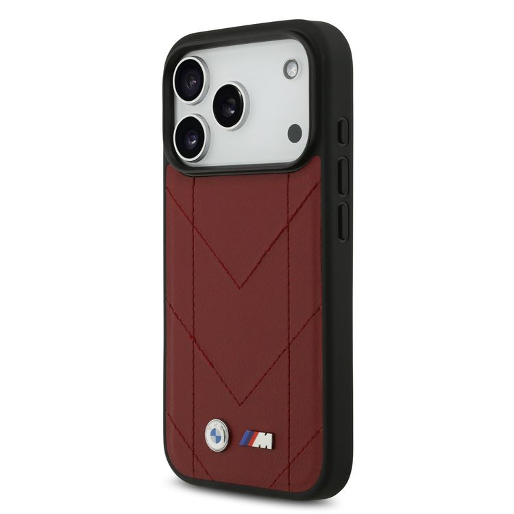 BMW MagSafe PU Quilted Leather Case with Metal Logos for iPhone 17 Pro Max, Slim Profile, Easy Snap-On Design, Sustainable Packaging, Drop Protection - Red