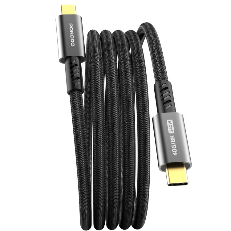 Porodo Thunderbolt Type-C to Type-C Cable with 240W Power Delivery, Rapid Data Sync, 40Gbps Data Transfer Speed, 1.8m in Length - Black