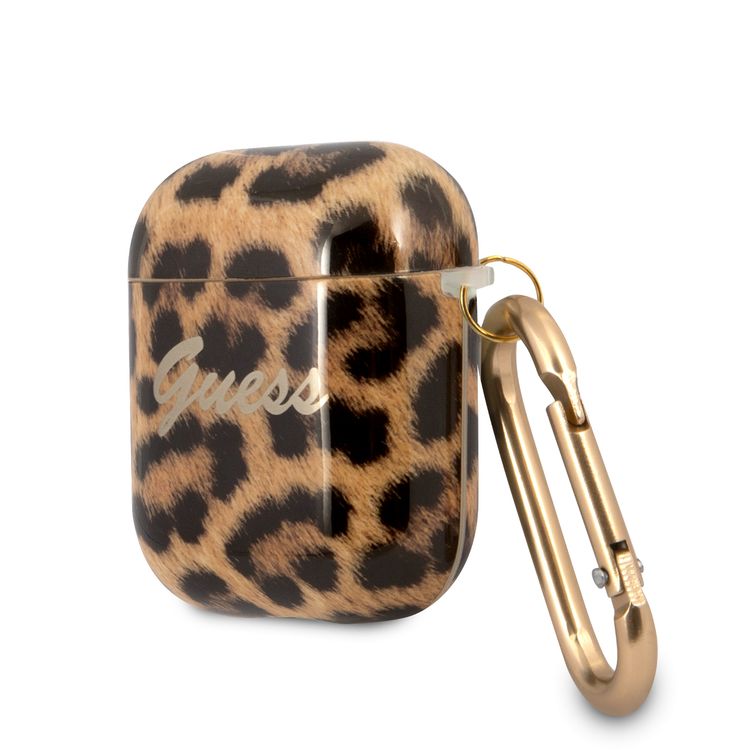 CG MOBILE Guess TPU Shiny Leopard Case with Anti-Lost Ring Compatible for AirPods 1/2, Scratch Resistant, Shock Absorption & Drop Protection Cover, Dustproof - Gold