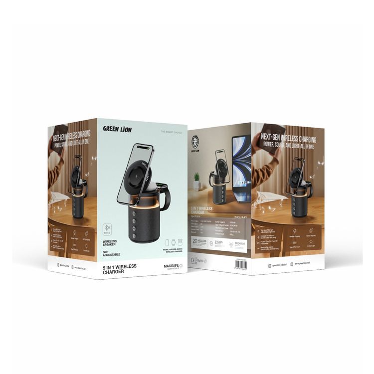 Green Lion 5-in-1 Wireless Charger with 1800mAh Battery Capacity, N52 Magnets, Ambient Light Mode, 360° Adjustability, Snap & Charge - Black