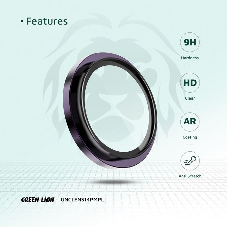 عدسة كاميرا Green Lion HD Plus لهاتف iPhone 14 Pro &amp; Pro Max، صديقة للحافظة، مضادة للخدش، سهلة التركيب، طلاء مضاد للانعكاس، مقاومة للماء - أرجواني