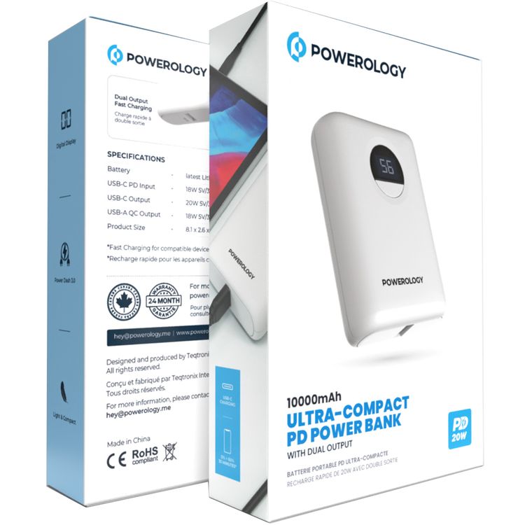 Powerology Ultra-Compact PD 10000mAh Power Bank with Digital Display, 20W Power Delivery, USB-A QC 18W, 0%-60% Charge in 35 Minutes, PowerDash 3.0, Lithium-ion Battery, Lightweight & Compact - White