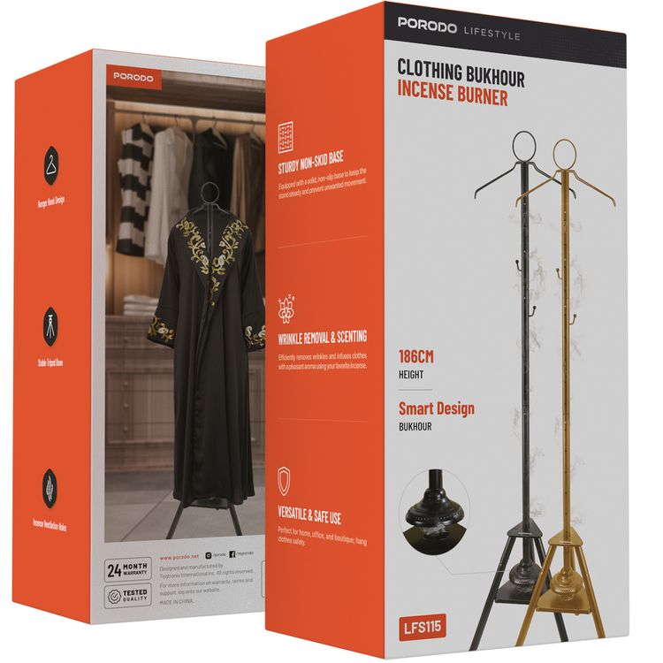Porodo Lifestyle Clothing Bukhour Incense Burner, 186 cm Height, Smart Design, Hanger Hook, Stable Tripod Base - Gold