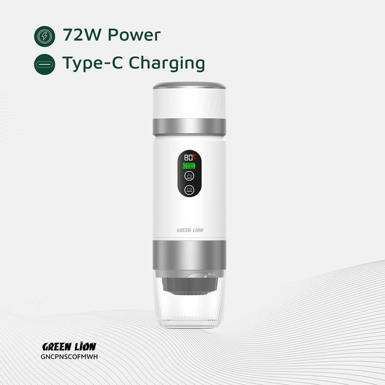 Green Lion Campinas Portable Coffee Maker with 150mL Coffee Cup Capacity, 20 Bar Pump Pressure, 70 Seconds Fast Extraction Time, Carrying Bag Included, 90°C Heating Temperature - White