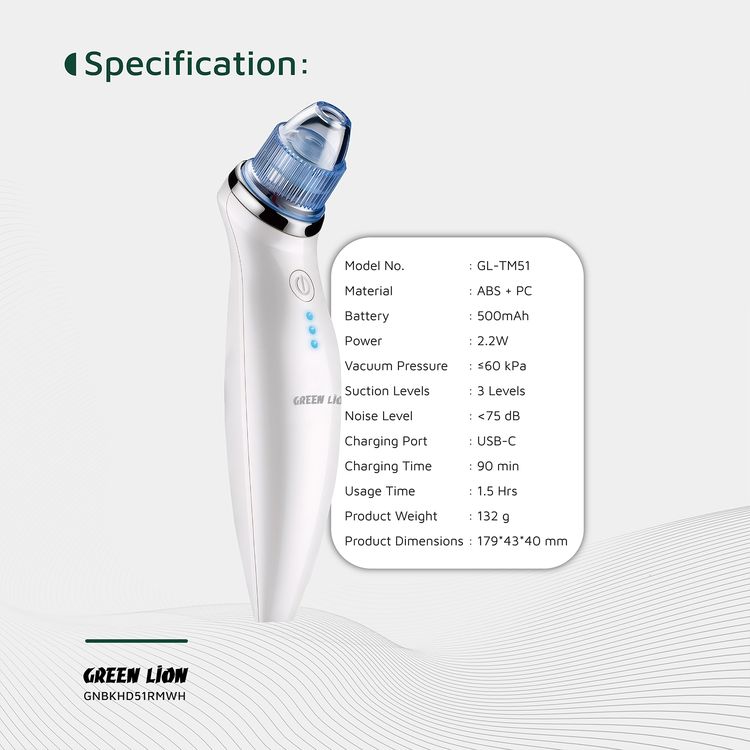 Green Lion BlackHead Remover with 5-in-1 Skin Care Solution, 2.2W Power, 3 Suction Levels, 5 Interchangeable Heads, 1.5 Hours Usage Time, Oil & Acne Control, Massage Function, LED Indicator, Deep Pore Cleansing - White