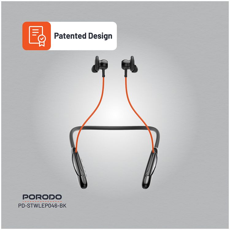 Porodo Echo Flex Magnetic Buds with Hall-Switch Technology, ENC, Crystal Clear Audio, High-Clarity Microphone, Patented Design - Black