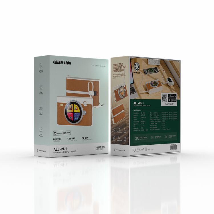 Green Lion All-in-1 10000mAh Power Bank with PD20W Fast Charging, 1.53" IPS Touchscreen, Built-in Speaker, Clear Mic Calls, Built-in Cables, 10 Hours Playtime - Brown