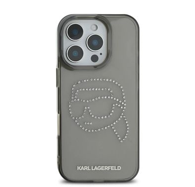 جراب Karl Lagerfeld IML الصلب مع شعار Karl Head مرصع بأحجار الراين لهاتف iPhone 16 Pro، شعار Karl Head، سهل التركيب