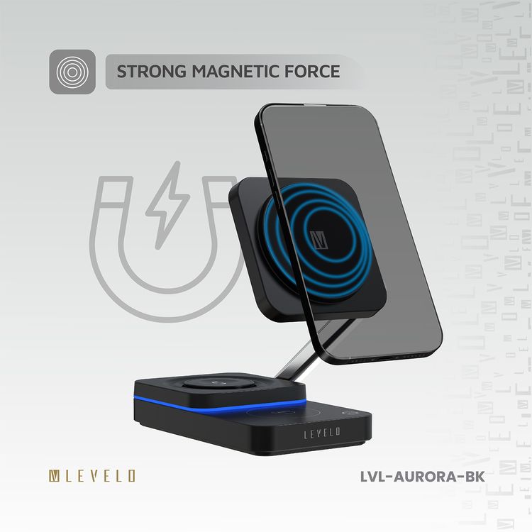 Levelo Aurora 3-in-1 Wireless Charger with Strong Magnetic Force, 90° Rotation, 15W Fast Charging, Auto Detecting Object, Overcharge Protection - Black