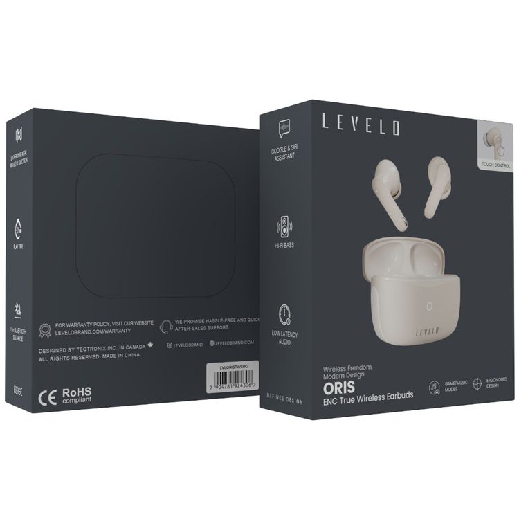 Levelo Oris ENC True Wireless Earbuds with Environmental Noise Reduction, Google & Siri Assistant, Hi-Fi Bass, Game/Music Modes, 280mAh Battery Capacity, 21 Hours Playtime - Beige