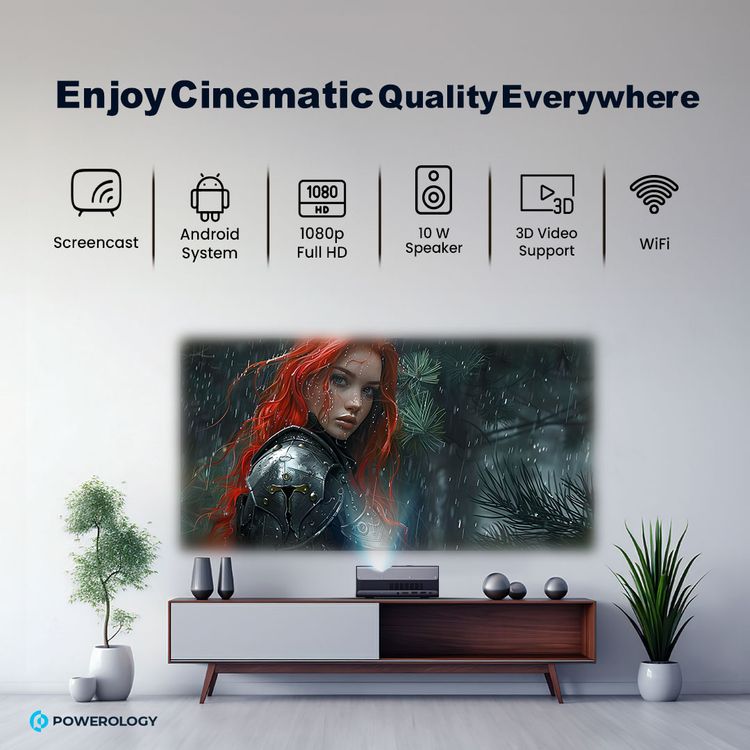 Powerology 4K Ultra Short Throw DLP Projector, 350 Ansi Lumen Brightness, 2GB RAM, 16GB Storage, Bluetooth V5.0, 30-200" Contrast, 500:1 Projection Area - Black 