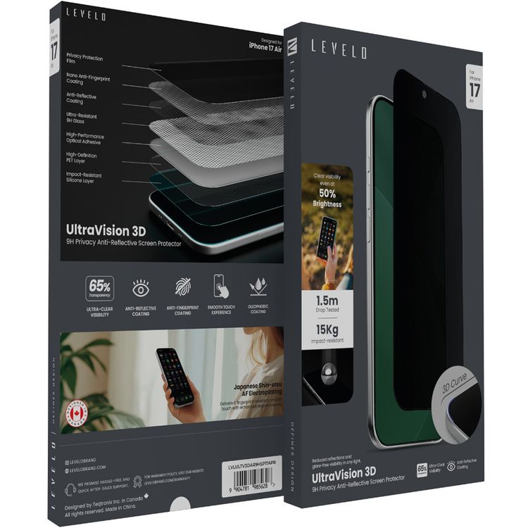 Levelo Ultra Vision 3D Privacy Screen Protector for iPhone 17 Air, 9H Hardness, Oleophobic Coating, Anti-Glare, Anti-Fingerprint, Anti-Reflective Coating, High-Definition PET Layer, Impact-Resistant Silicone Layer - Black