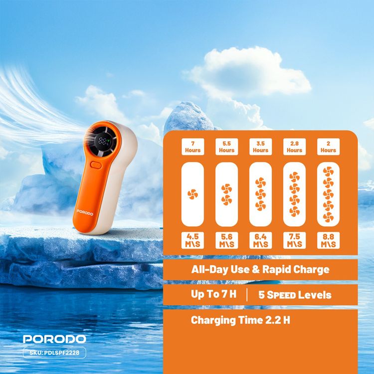 Porodo Lifestyle Pocket Size Handheld Fan with 19100RPM Motor Speed, 5 Speed Levels, 5W Rated Power, Up to 8.8m/s Air Thrust Speed, 2000mAh Battery Capacity, Up to 7 Hours Working Time, Type-C Charging Port, Strong Airflow, Lightweight & Portable - Beige / Orange