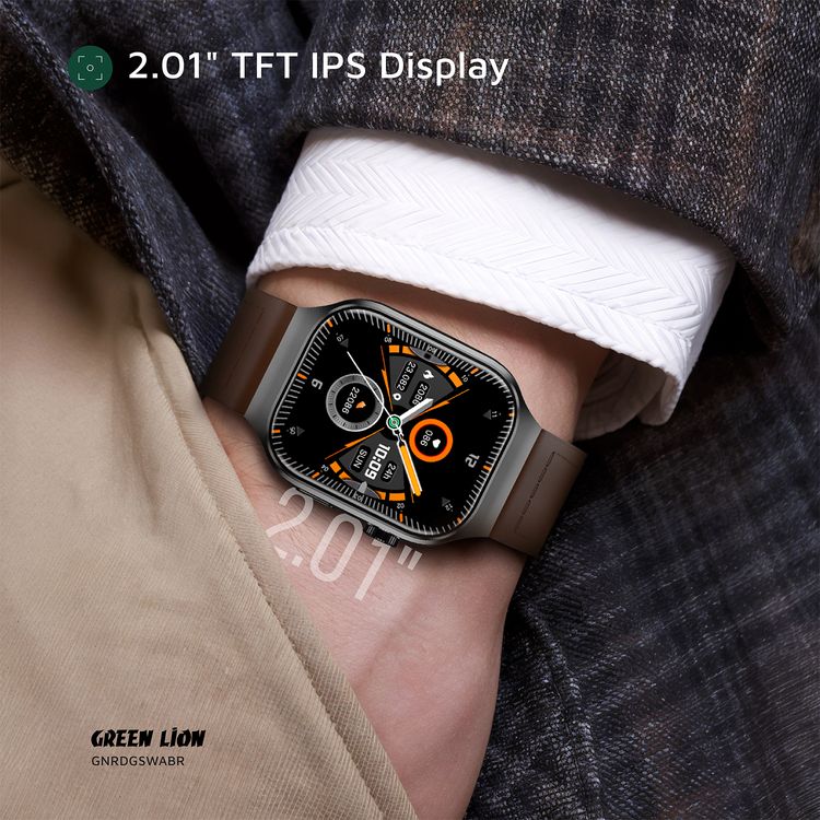 Green Lion Ridge Smart Watch with Magnetic Charging, Bluetooth Calls, Music Player, Health Monitoring, Metal Case Material, PU Leather Strap Material - Black / Brown
