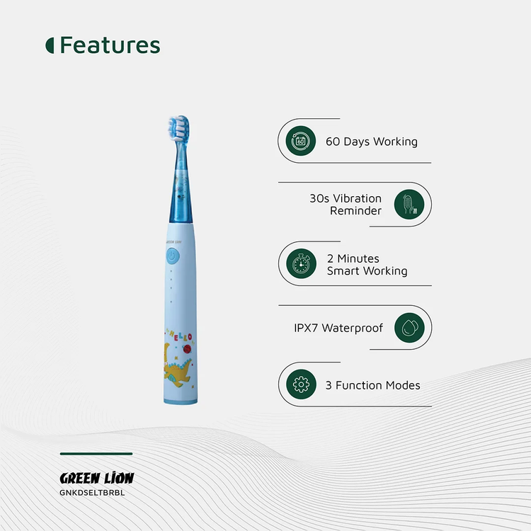 Green Lion Kids Electric Toothbrush with 3 Function Modes, 60 Days Working Time, Food-Grade Bristles, Waterproof, Shining Lights, 500mAh Battery Capacity - Blue
