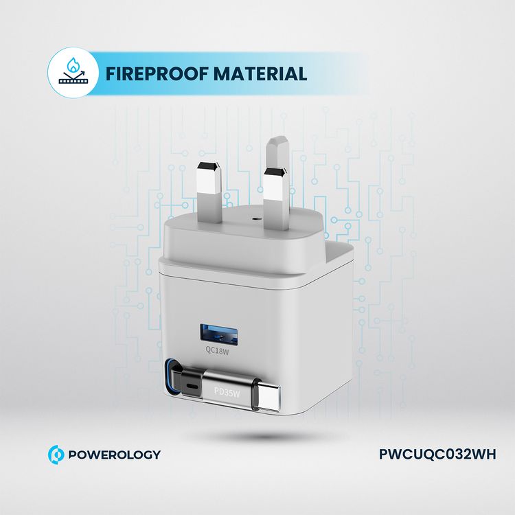 Powerology Dual Output Retractable GaN Charger with Built-in Safeguards, 2-Device Charging, 35W Power Delivery, Fire Proof Material, Patented Design, 75cm Retractable Type-C Cable - White