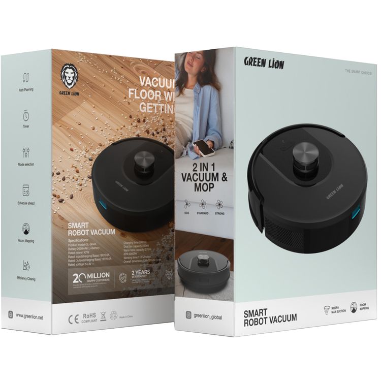 Green Lion Smart Robot Vacuum Cleaner with 230mL Dustbin Capacity, 110 Minutes Working Time, Room Mapping & Path Planning, 3000Pa Suction Power - Black