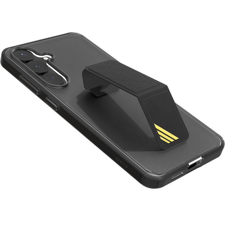 غطاء Levelo Morphix Clara مع مسكة جلد مدمجة لهاتف Samsung Galaxy S25 Plus، مصنوع من مادة TPU، زوايا مقاومة للصدمات، حلقة كاميرا معدنية، مادة هجينة - اللون الأسود.