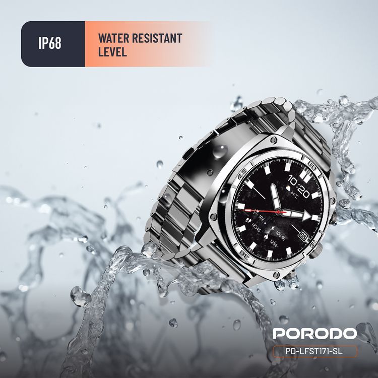 Porodo Chrono Steel Smartwatch with 1.43-inch AMOLED Display, 466 x 466 pixels Resolution, Up to 5 Days Working Time, 400mAh Battery Capacity, 128MB Flash Memory, Bluetooth Version 5.2, IP68 Water Resistance Level - Silver