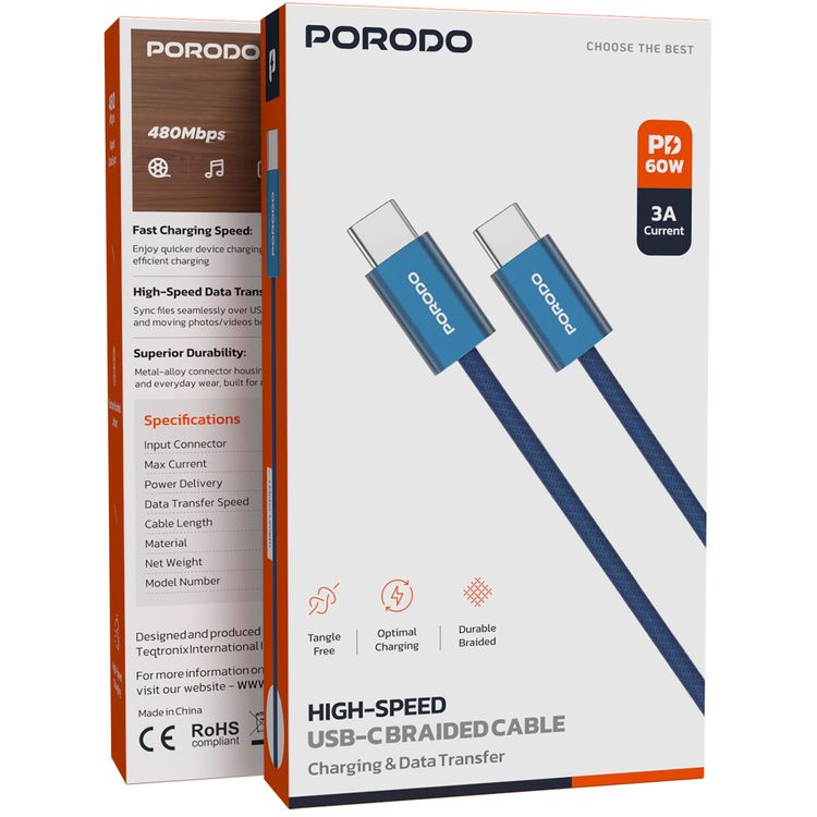 Porodo High-Speed USB-C to USB-C Cable with 60W Power Delivery, Cotton Braided Jacket, 480Mbps Data Transfer Speed, High-Speed Charging, Tangle-Free, Optimal Charging - Blue