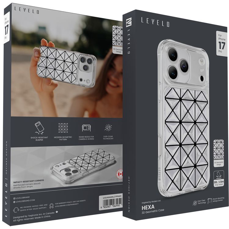Levelo Hexa 3D Geometric Case for iPhone 17 Pro, Impact-Resistant Corners, Raised Bezels for Camera & Screen, Shock-Resistant Bumper, Ever-Clear Technology, Drop-Tested - White