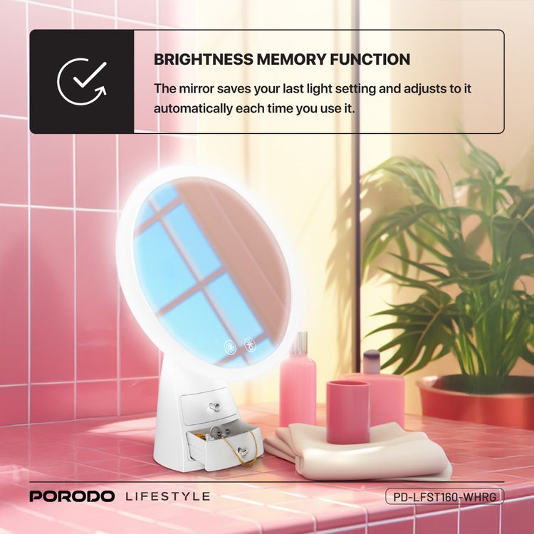 Porodo Vanity Makeup LED Illuminated Mirror with Built-in Dual Storage Drawer, Up to 13 Hours Working Time, 2000mAh Battery, Smart One-Touch Control, Yellow, Natural & White Lights, Brightness Memory Function - White / Rose Gold