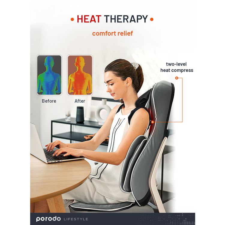Porodo Lifestyle Neck & Back Massager with 15-Minutes Auto Timer, Adjustable Neck Pad, 60W Power Consumption, 3-Level Intensity, Muscle Relaxation - Dark Gray