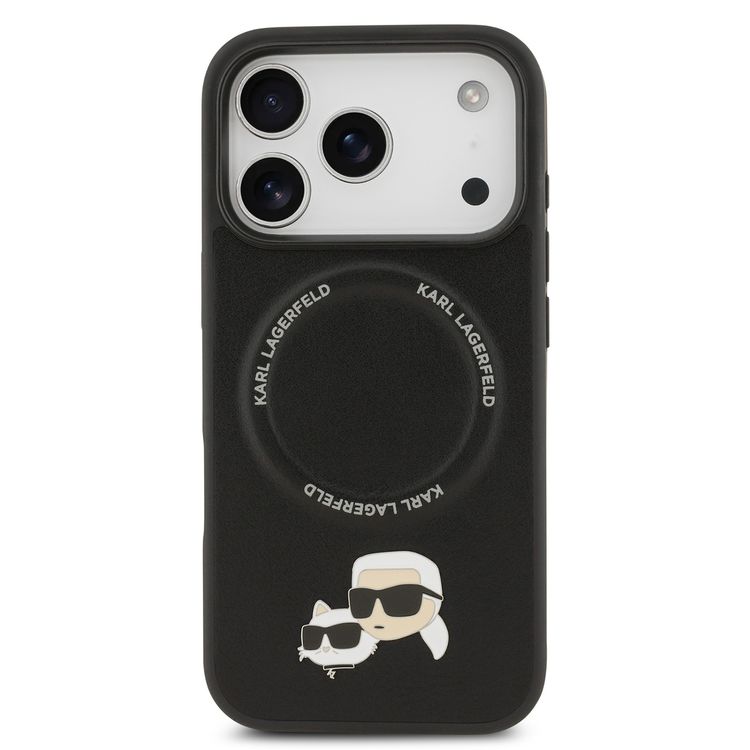 غلاف جلد PU من كارل لاغرفيلد مع دبابيس رأس كارل وشوبيتي لجهاز آيفون 17 برو، متوافق مع ماج سيف، نحيف، حماية من السقوط، قبضة مريحة، تغليف مستدام، سهولة التركيب، تصميم خفيف الوزن - أسود