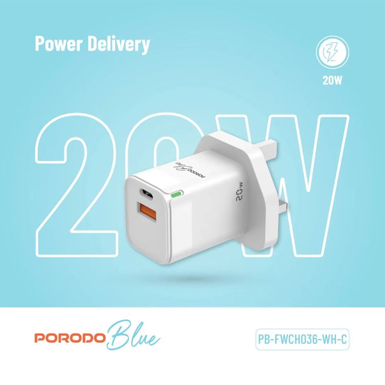 Porodo Blue Ultra-Quick Charger with 1m USB-C to USB-C Cable, USB-A & USB-C Ports, 20W Total Output, 3A Output Current, 5V Output Voltage, Multi-Device Charging, Fast Charge Support - White