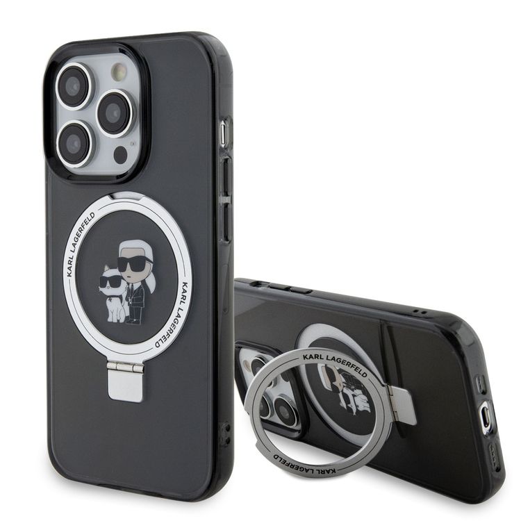 Karl Lagerfeld Magsafe Ringstand Case with Karl & Choupette Heads for iPhone 15 Pro - Black